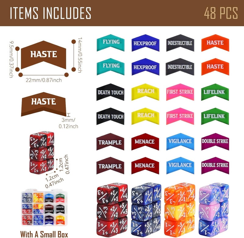 FIGURESLAB Store 48PCS MTG Tokens & 12mm Dice Counter with Box, MTG Abilities Keyword Buff Tokens Life Counters Loyalty Dice for Magic The Gatering TCG Card Gaming Accessories CCG Creature Stats - Image 2